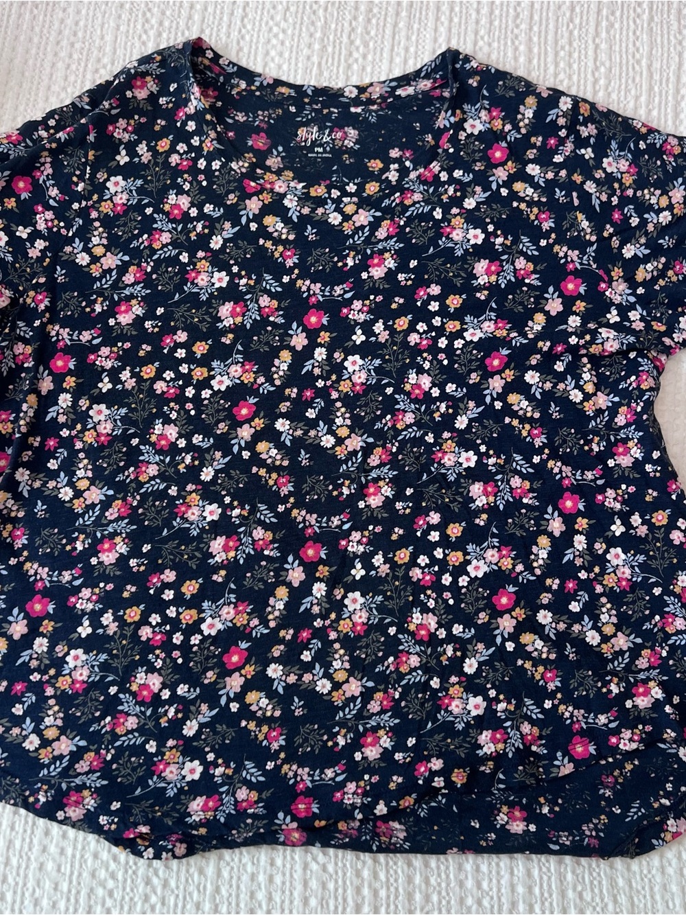 Style & Co. Navy Short Sleeve Tee with Pink & Cream Floral Print